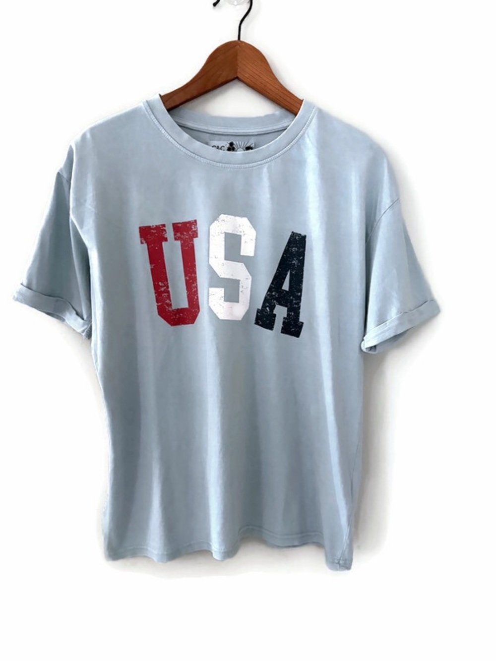 USA Graphic Girlfriend Tee size Small Blue Slouchy Crew by C & C California